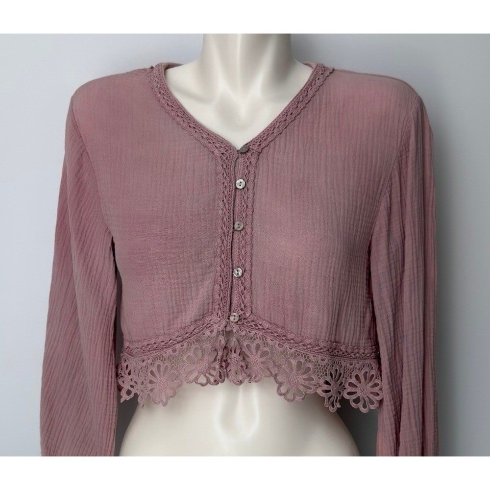 Zara Girls Mauve Pink Gauze Crochet Lace Trim Button Crop Top Boho Size 11-12 - Picture 2 of 7